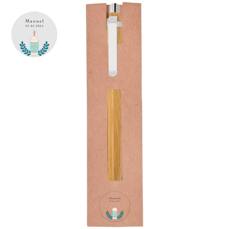 Stylo en bambou avec étui et autocollant transparent pour détails de première communion