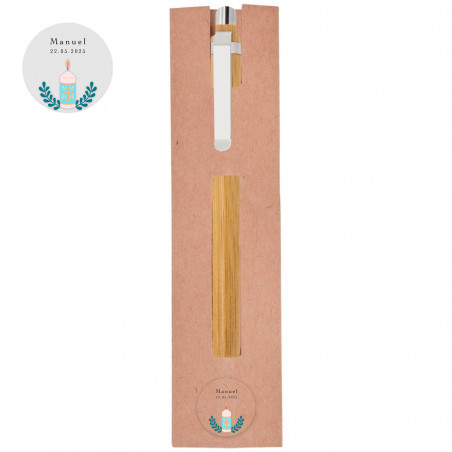Stylo en bambou avec étui et autocollant transparent pour détails de première communion