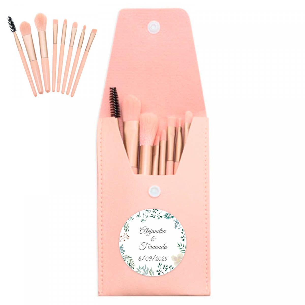 Pinceaux de maquillage dans un étui avec autocollant personnalisé pour les détails
