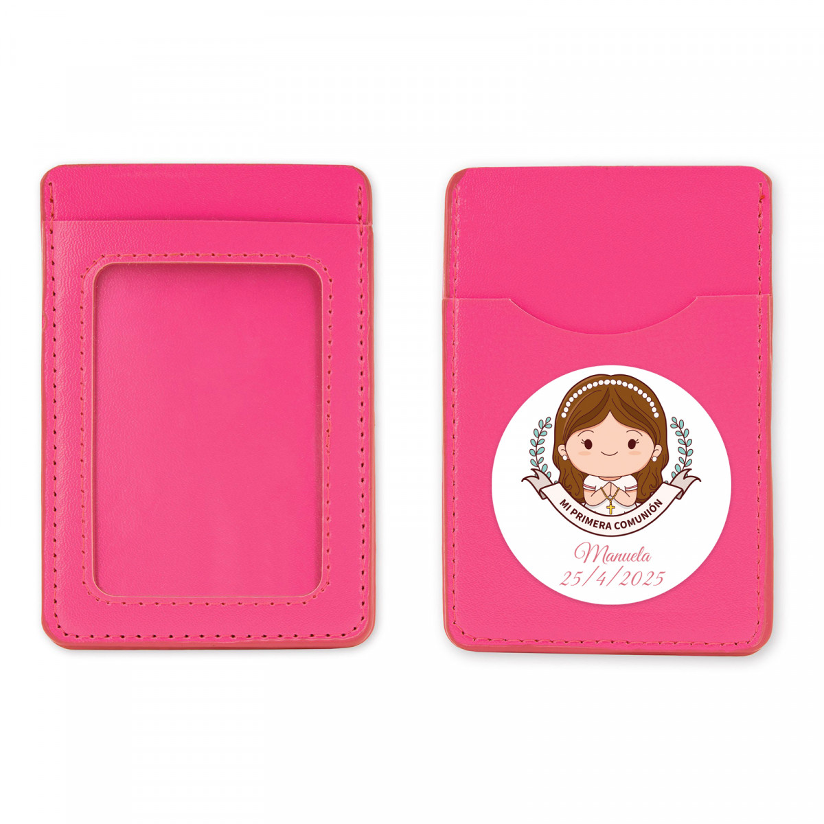 Porte-cartes rose avec autocollant première communion pour détails