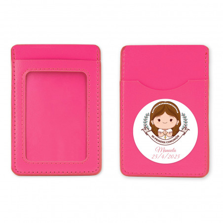 Porte-cartes rose avec autocollant première communion pour détails