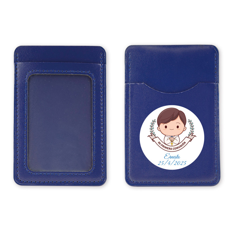 Porte-cartes bleu avec autocollant première communion pour les détails