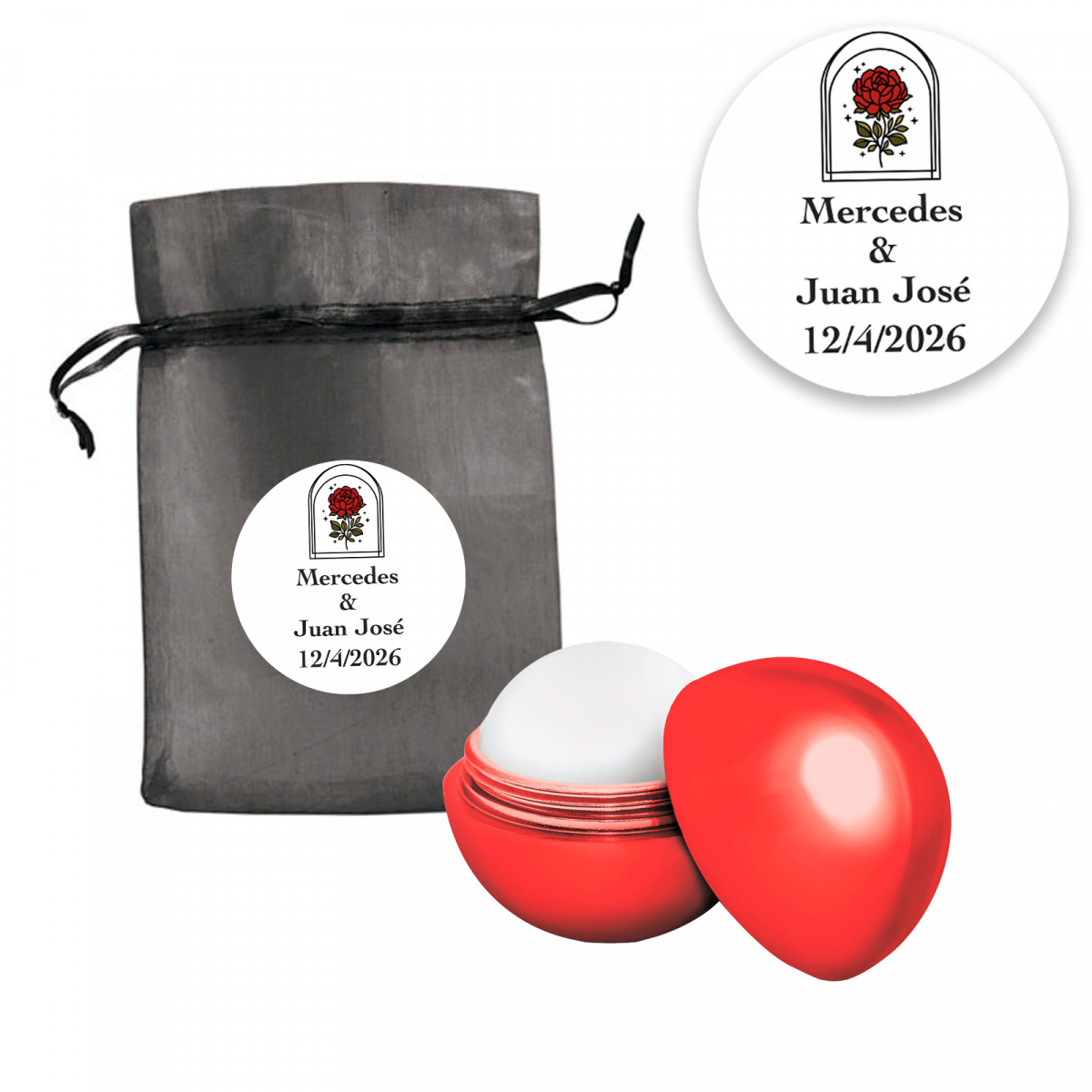 Balm à lèvres en sphère rouge présenté dans un sac en organza noir avec un autocollant personnalisable rose vintage