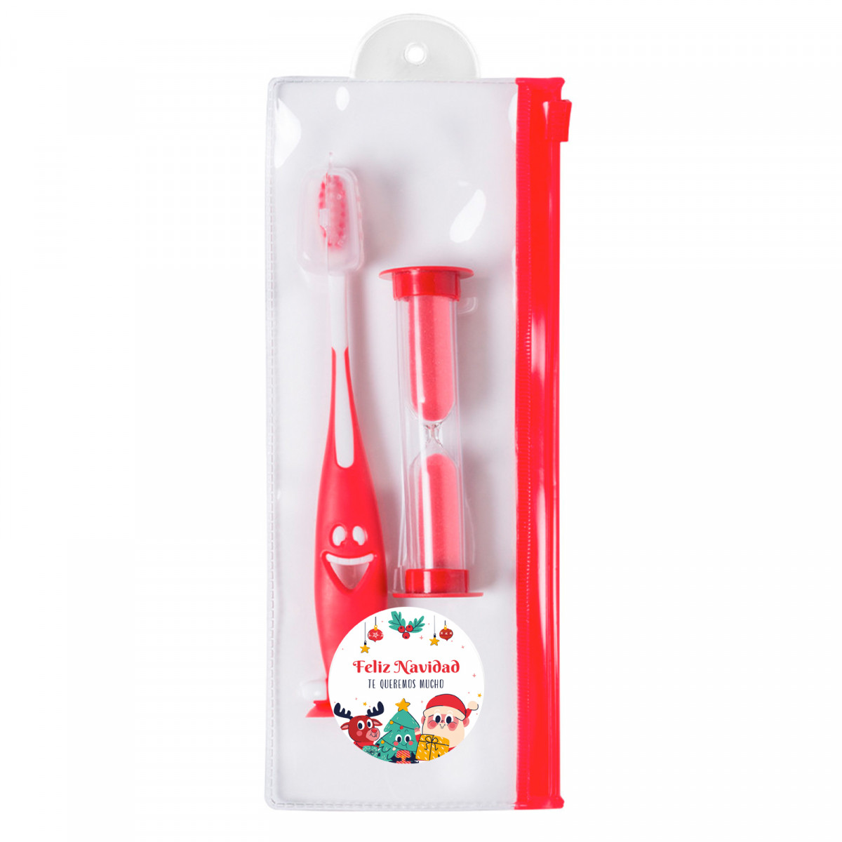 Brosse à dents avec sablier dans un étui et autocollant de Noël personnalisable pour les détails