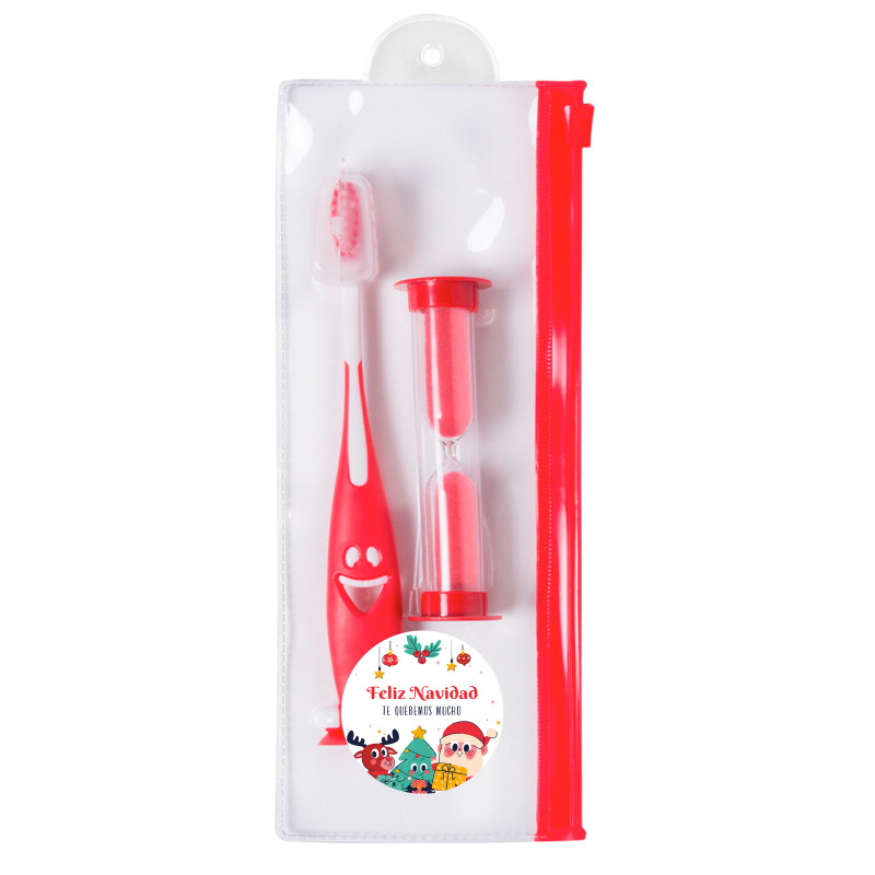 Brosse à dents avec sablier dans un étui et autocollant de Noël personnalisable pour les détails