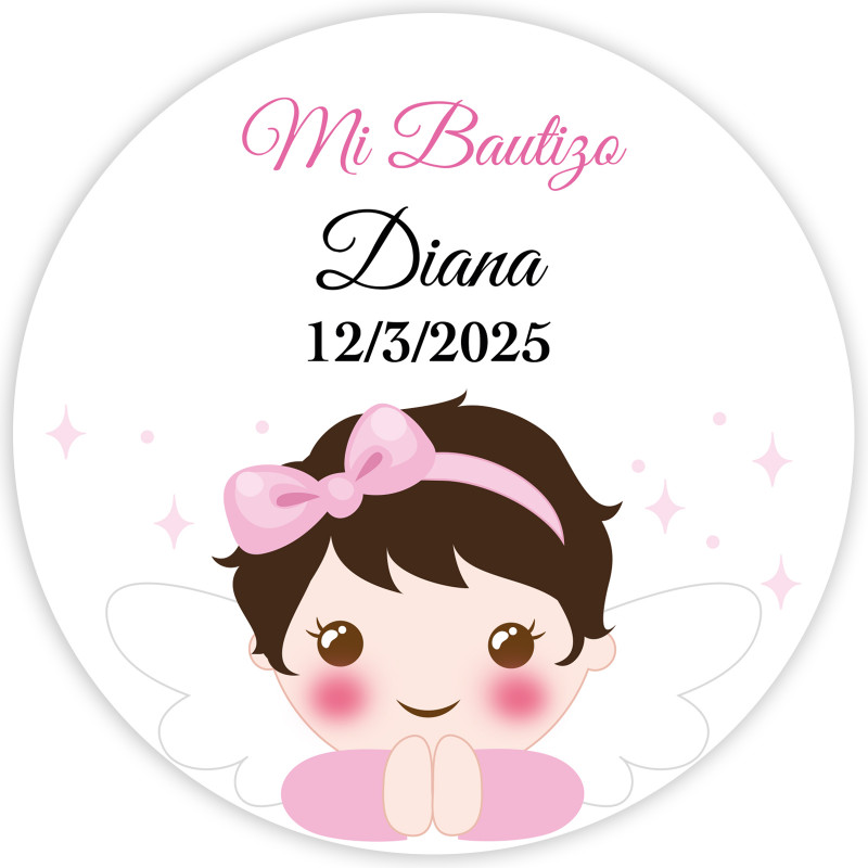 Adhésif rond ange fille 5 cm personnalisable pour baptême
