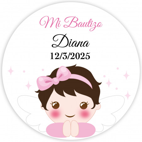 Adhésif rond ange fille 5 cm personnalisable pour baptême