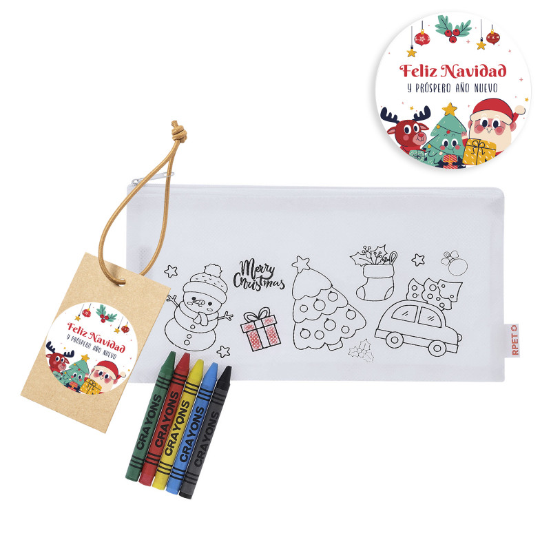 Étui de Noël à colorier avec des crayons et étiquette personnalisée à offrir