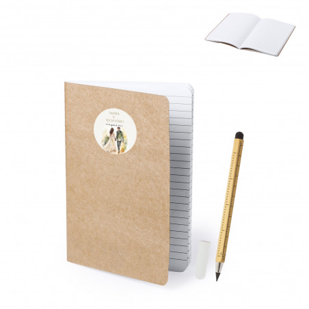 Cahier en carton recyclé avec adhésif de mariage et crayon infini multi-usages