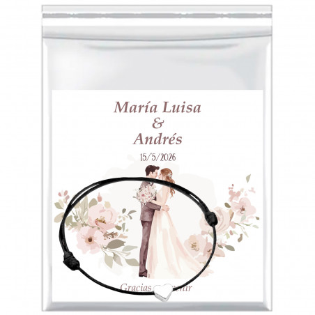 Carte de rappel personnalisée avec bracelet en cordon fin et cœur en argent dans un sac pour les détails de mariage