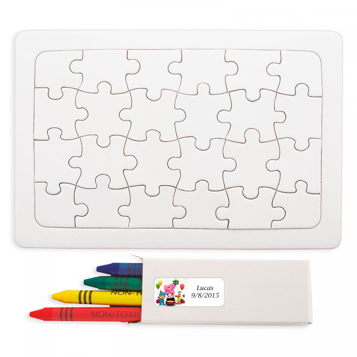 Puzzle avec des crayons de couleur pour dessiner et autocollant Pocoyó personnalisable pour les détails.