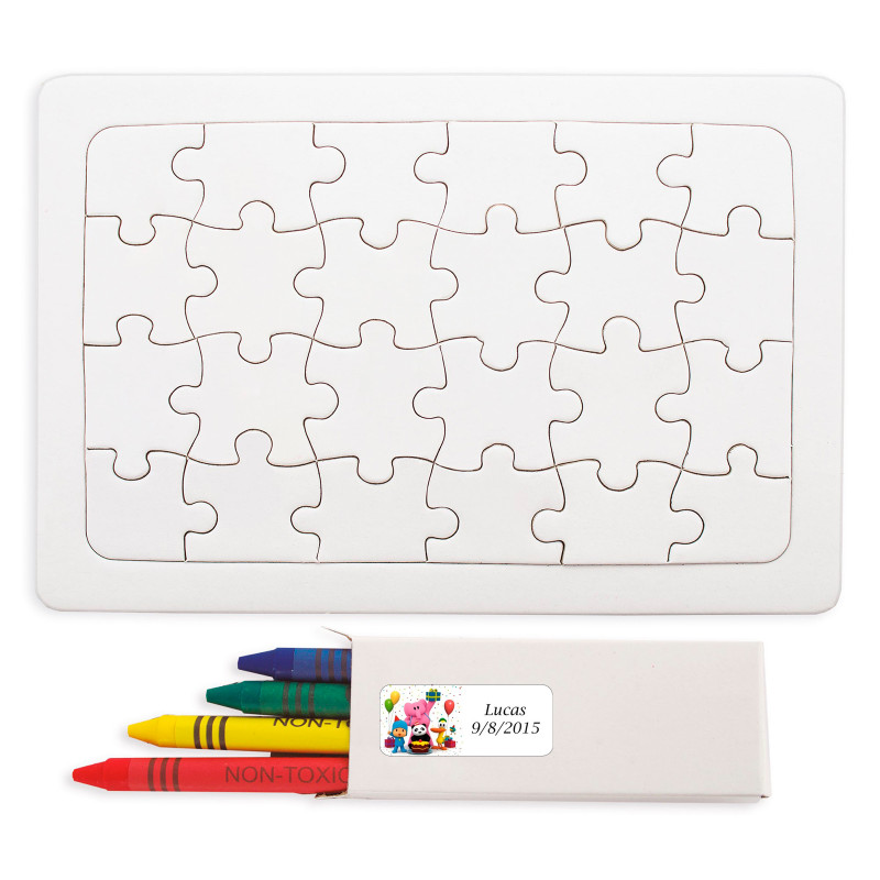 Puzzle avec des crayons de couleur pour dessiner et autocollant Pocoyó personnalisable pour les détails.