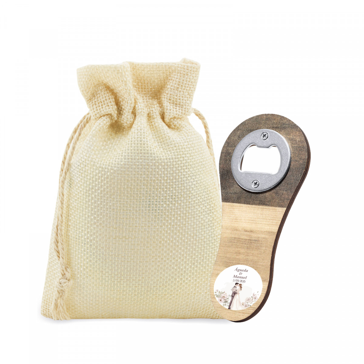 Ouvre-bouteille en bois avec étiquette adhésive et sachet pour mariage