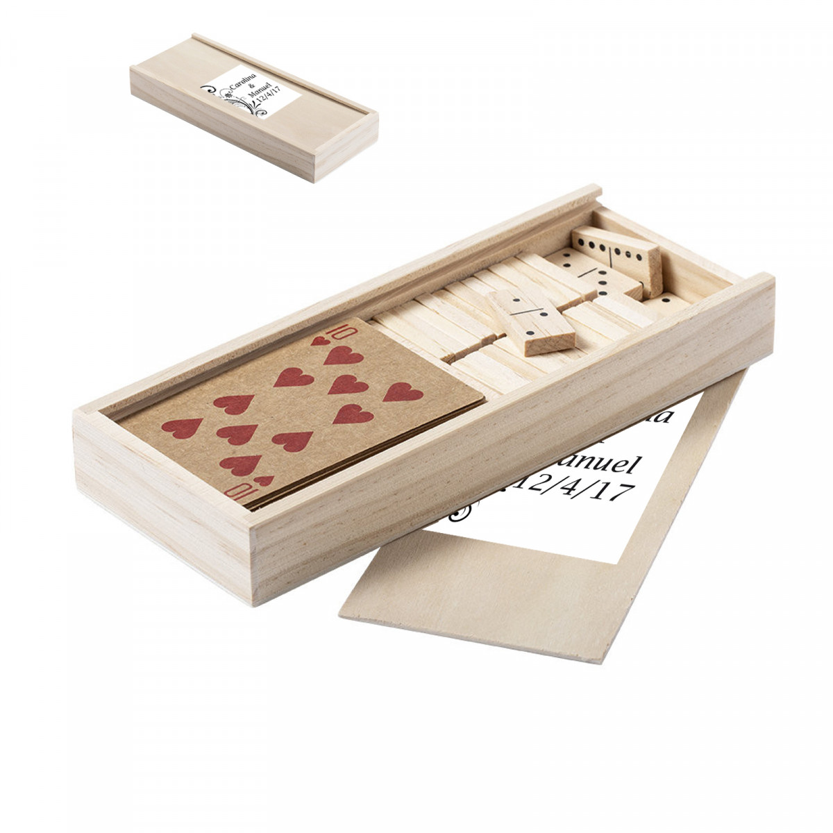 Jeu de cartes et dominos dans un étui en bois personnalisé avec autocollant à offrir