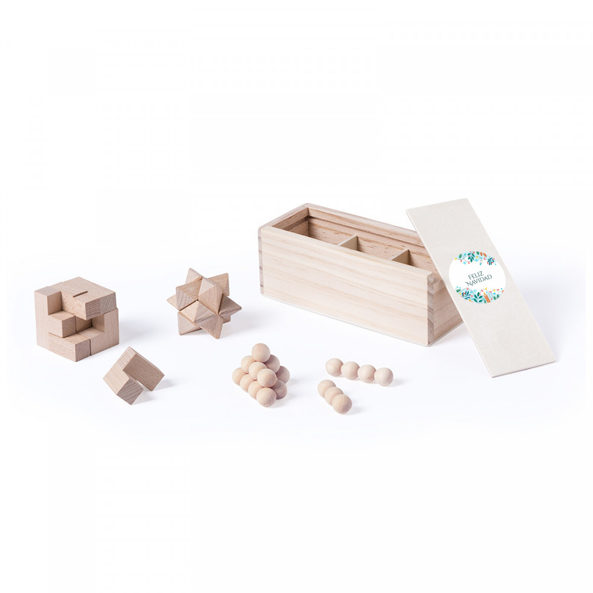 Jeux d'habileté en bois dans une boîte avec autocollant de Noël