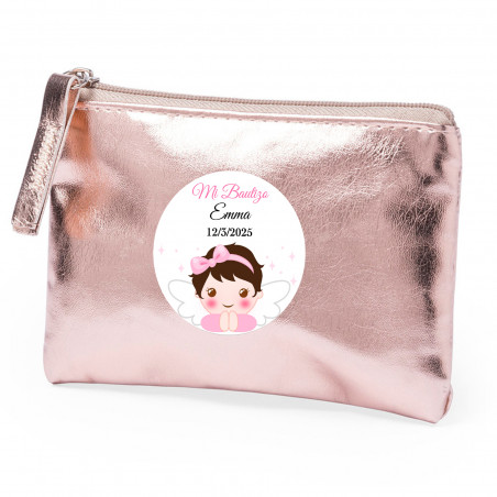 Porte-monnaie rose personnalisé avec autocollant de baptême fille pour souvenirs