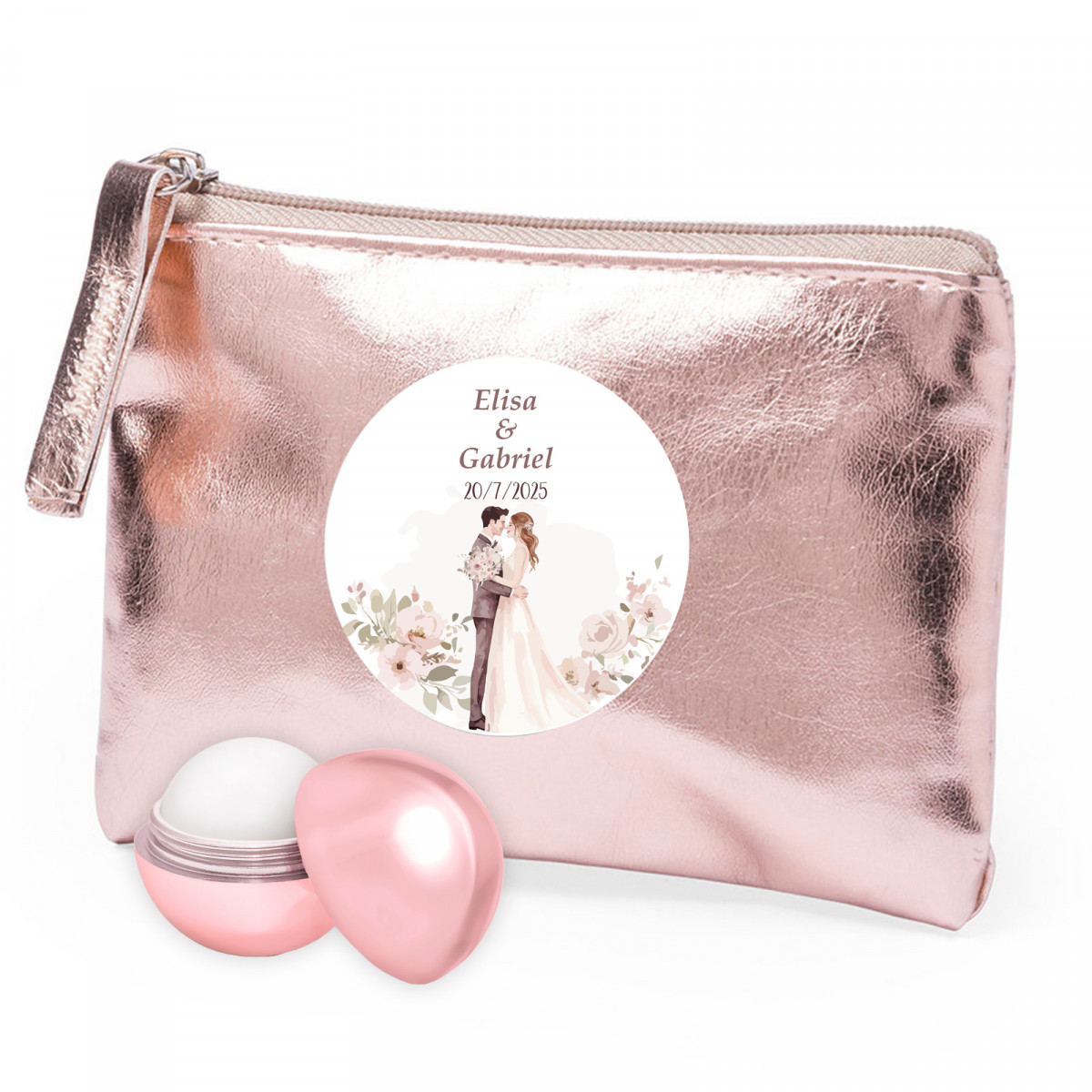 Portefeuille rose avec autocollant 5 cm design mariés et baume à lèvres pour détails de mariage