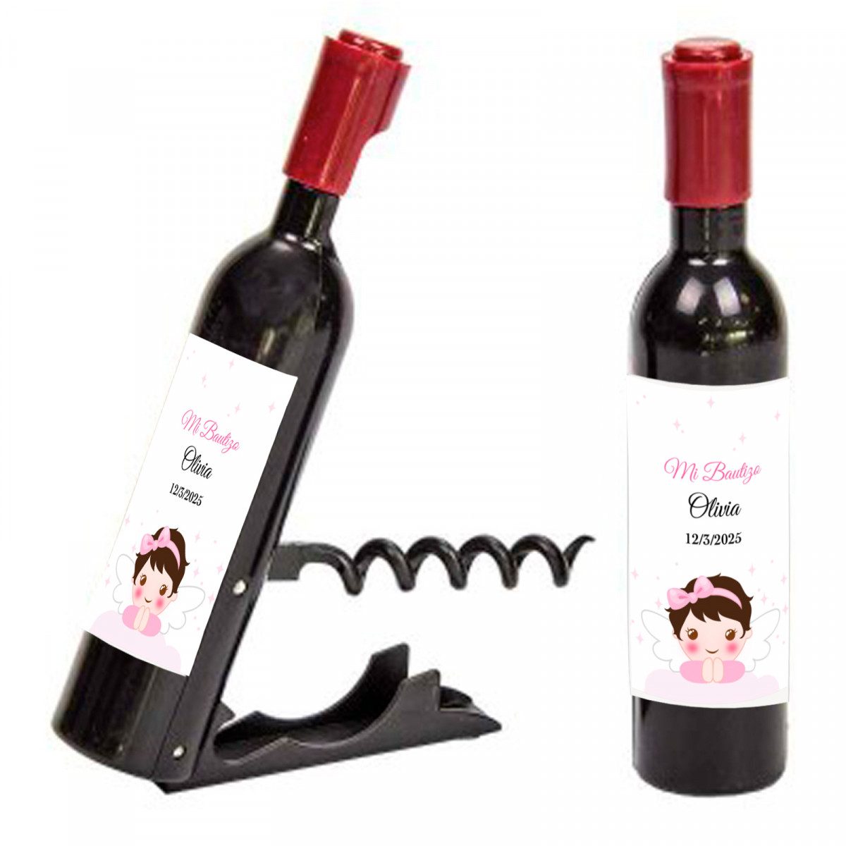 Ouvre-bouteille de vin avec autocollant personnalisé pour détails de baptême
