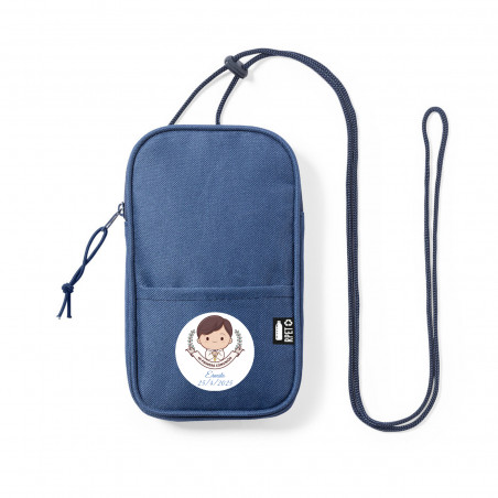 Porte-mobile bleu avec autocollant de communion pour garçon