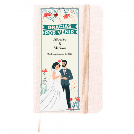 Cahier avec couverture rigide et autocollant de mariage personnalisable pour les détails