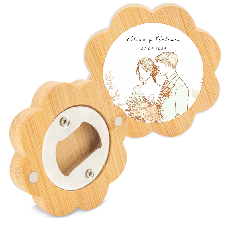 Ouvre-bouteille en bois en forme de fleur avec autocollant romantique pour les détails de mariage