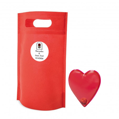 Chauffe-mains en forme de cœur rouge avec sac et autocollant personnalisé