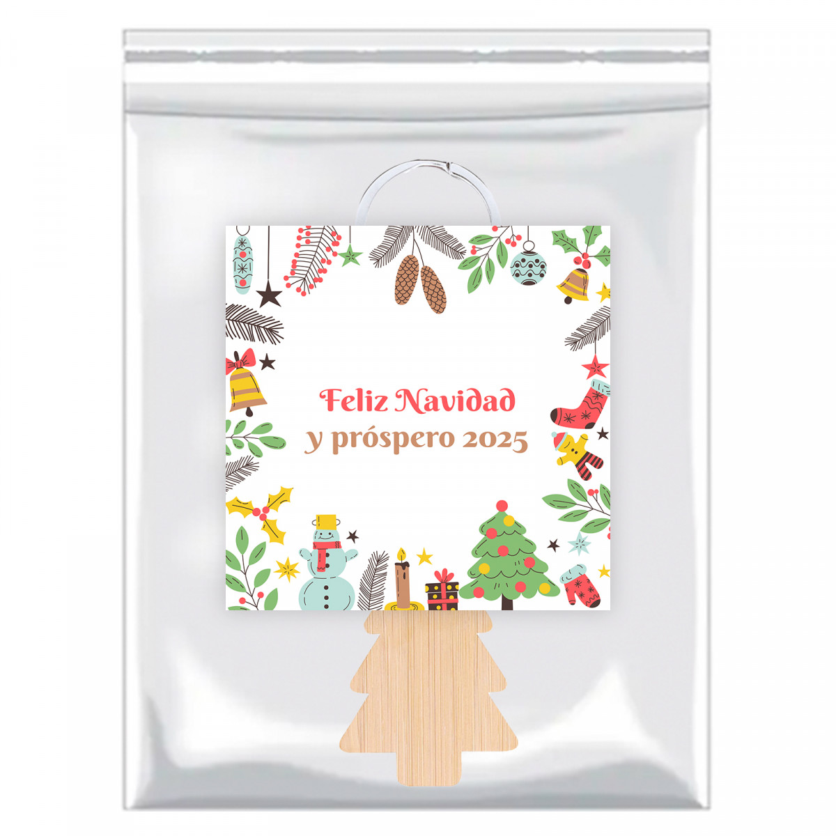 Porte-clés en forme d'arbre de Noël en bois dans un sac avec un autocollant de Noël personnalisable pour des détails