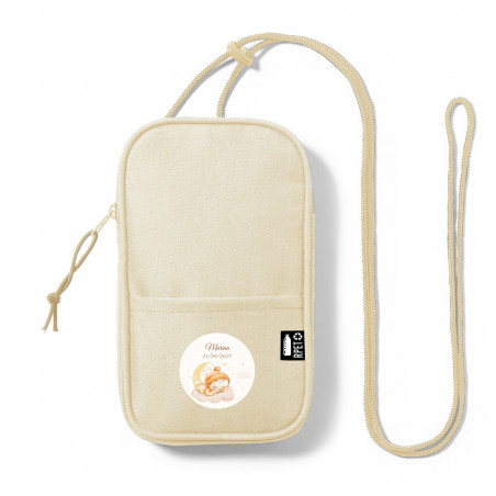 Portemobile beige avec autocollant personnalisé de baptême