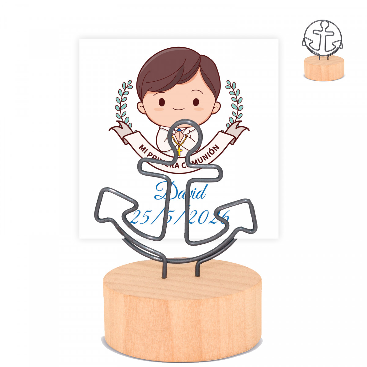Support de carte avec base en bois et carte de première communion pour garçon