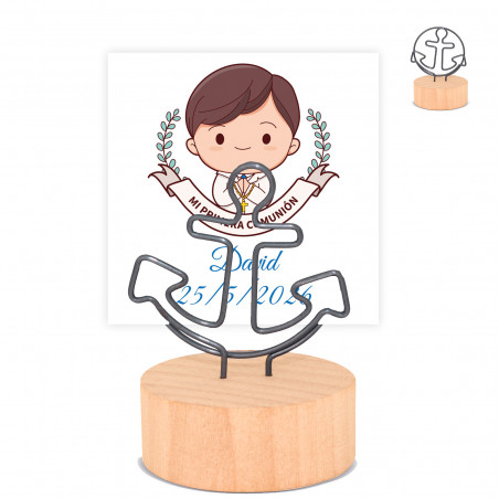 Support de carte avec base en bois et carte de première communion pour garçon