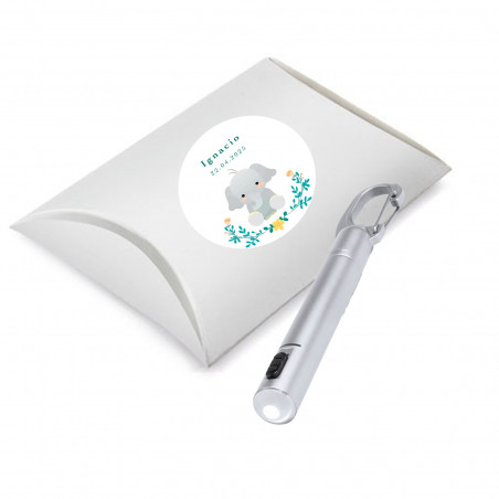 Stylo argenté avec lampe LED et boîte en carton avec autocollant de baptême