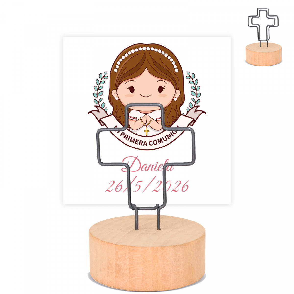 Porte-cartes croix avec base en bois et carte première communion fille