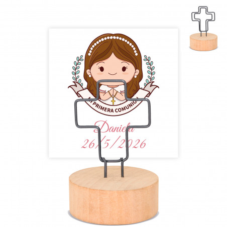 Porte-cartes croix avec base en bois et carte première communion fille
