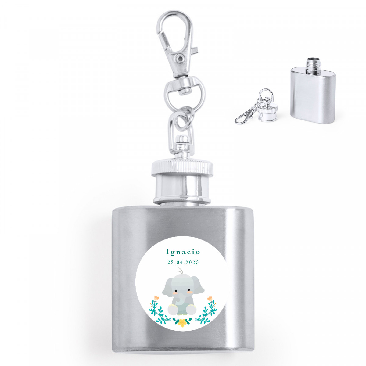 Porte-clé flacon avec autocollant design éléphant personnalisable pour les détails de baptêmes