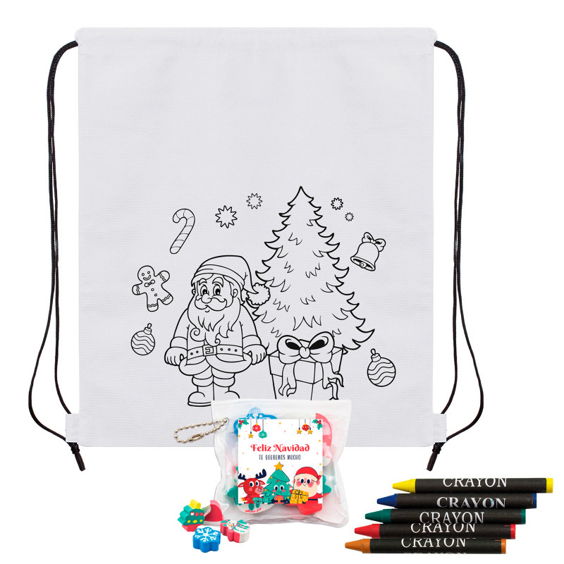 Sac à dos de Noël pour enfants à colorier avec des crayons et des gommes à effacer avec un autocollant de Noël pour les détails