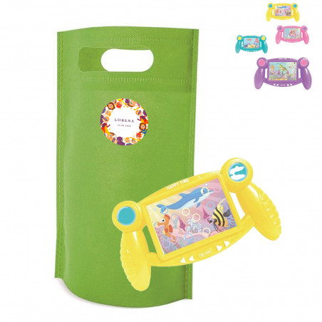 Jeu de compétence pour enfants avec un sac vert et un autocollant personnalisé