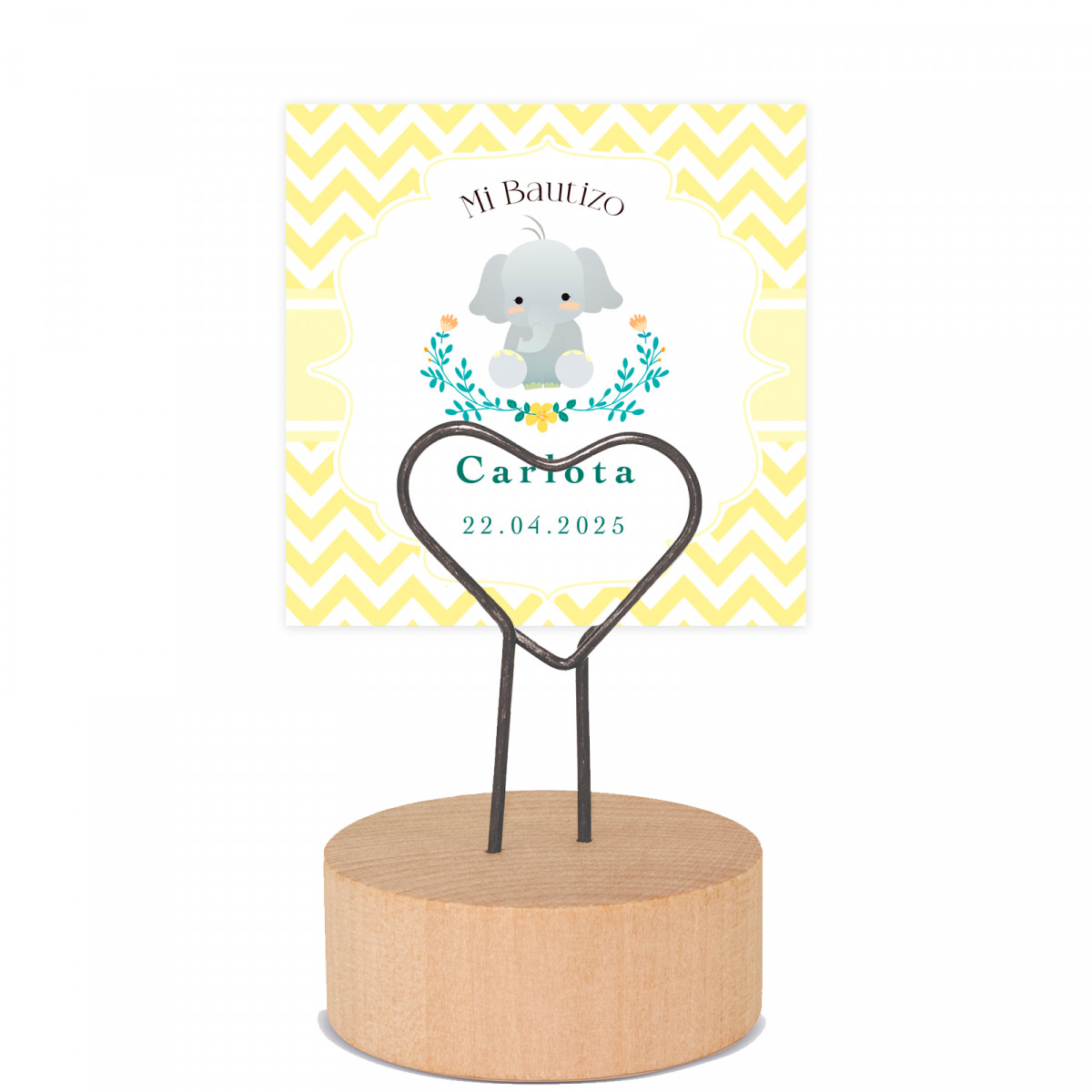 Porte-cartes en forme de cœur avec base en bois et carte personnalisable pour les détails de baptême