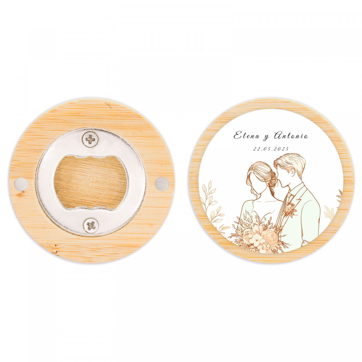 Ouvre-bouteille magnétique en bois avec autocollant romantique de jeunes mariés pour des cadeaux