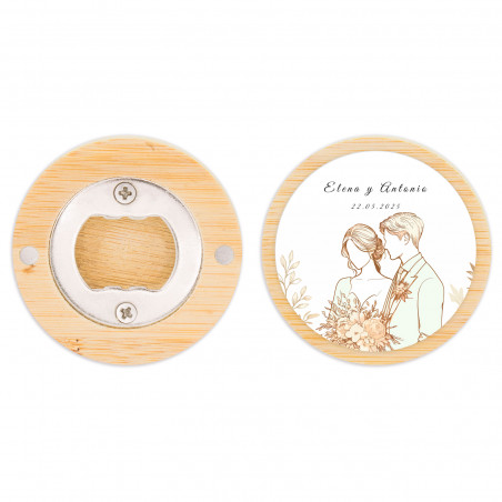 Ouvre-bouteille magnétique en bois avec autocollant romantique de jeunes mariés pour des cadeaux