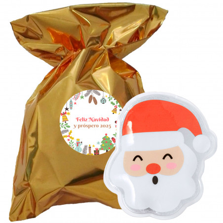 Chauffe mains père noël dans un sac métallique doré et autocollant de noël pour plus de détails