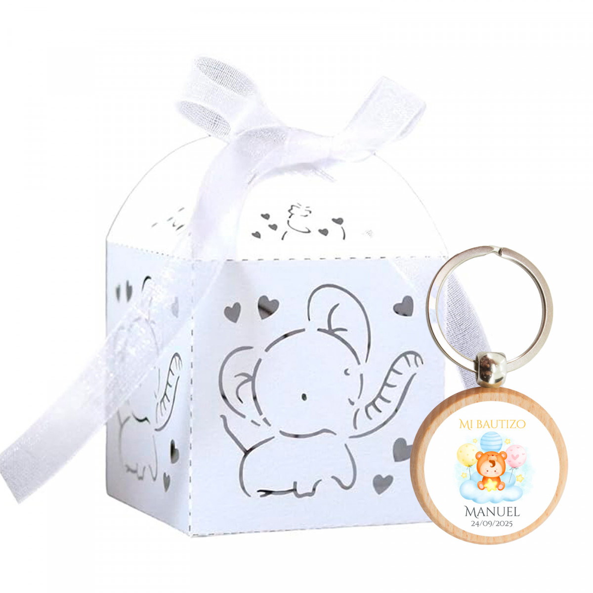 Porte-clés en bois avec un adorable autocollant présenté dans une boîte pour les détails des baptêmes