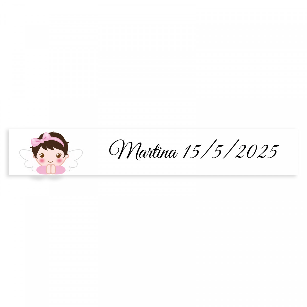 Autocollant rectangulaire 5x1 personnalisable fond blanc ange fille pour baptême