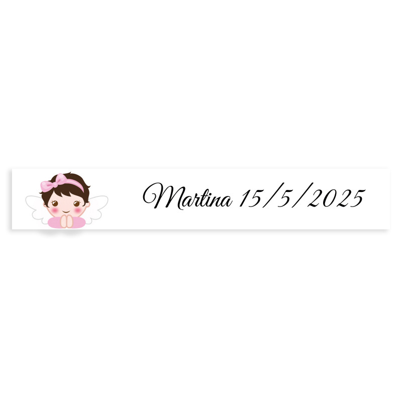Autocollant rectangulaire 5x1 personnalisable fond blanc ange fille pour baptême