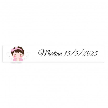 Autocollant rectangulaire 5x1 personnalisable fond blanc ange fille pour baptême