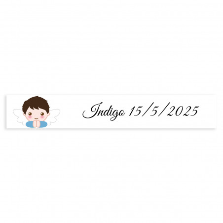 Adhésif rectangulaire 5x1 personnalisable fond blanc ange enfant pour baptême
