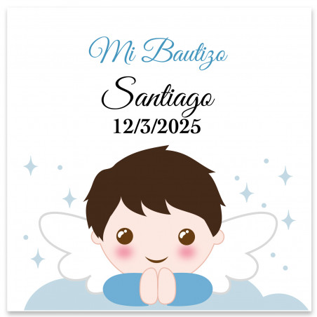 Adhésif carré personnalisable 5x5 ange enfant pour baptême