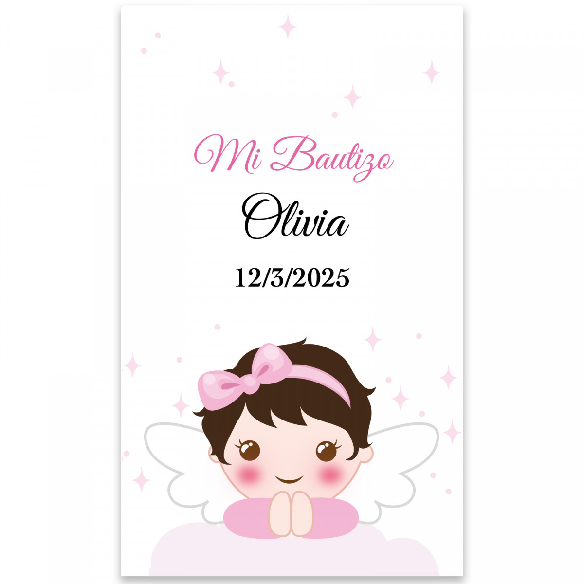 Adhésif ange fille 3x5 rectangulaire personnalisable pour baptême