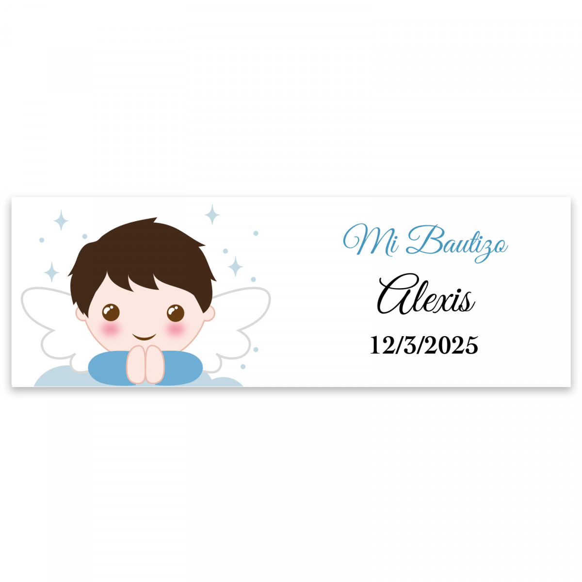 Adhésif rectangulaire personnalisable 6x2 enfant ange pour baptême