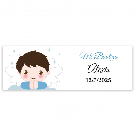 Adhésif rectangulaire personnalisable 6x2 enfant ange pour baptême