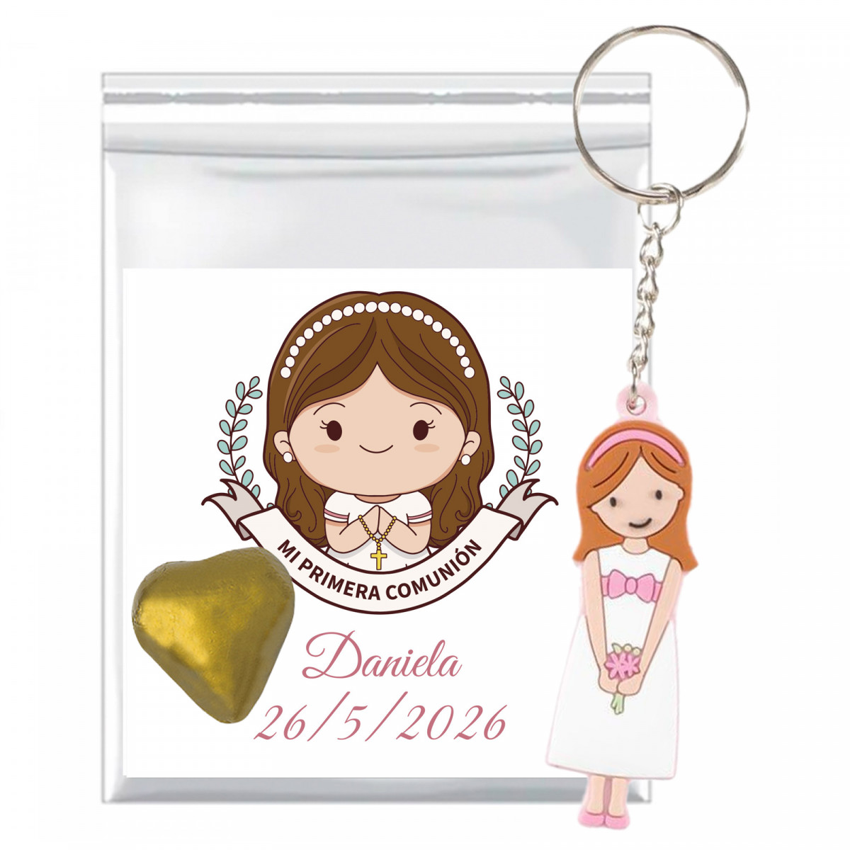 Bonbon au cœur avec porte-clés de communion et carte personnalisée pour fille